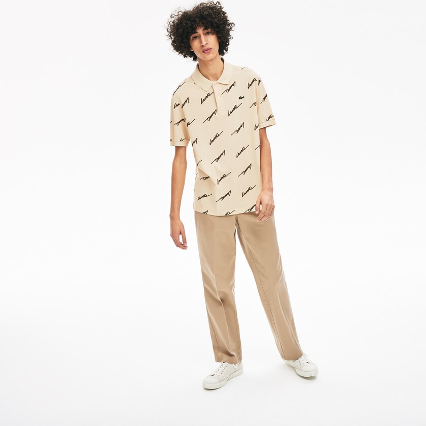 Camisas Lacoste Masculino Bege LIVE Standard Fit Print Cotton Piqué Polo PL7-69956R9