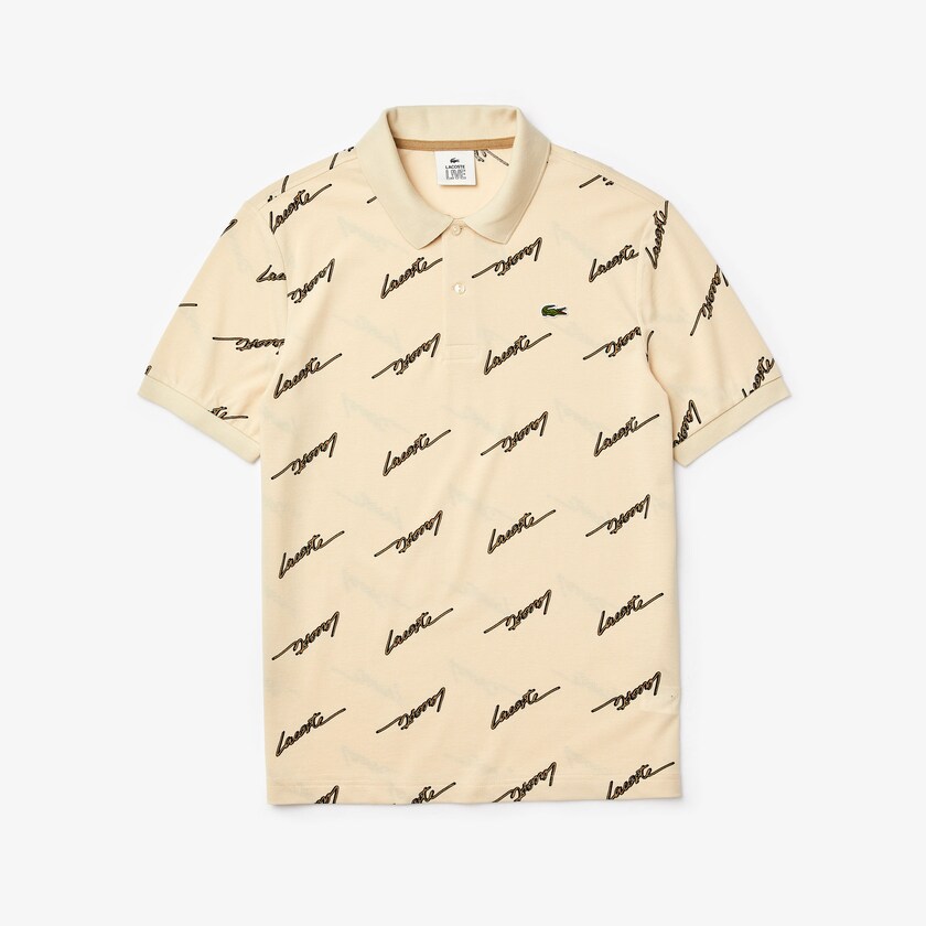 Camisas Lacoste Masculino Bege LIVE Standard Fit Print Cotton Piqué Polo PL7-69956R9