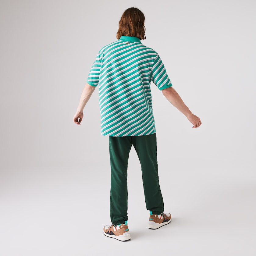 Camisas Lacoste Masculino Verdes Branco LIVE Striped Cotton Piqué Polo VV1-01080X5