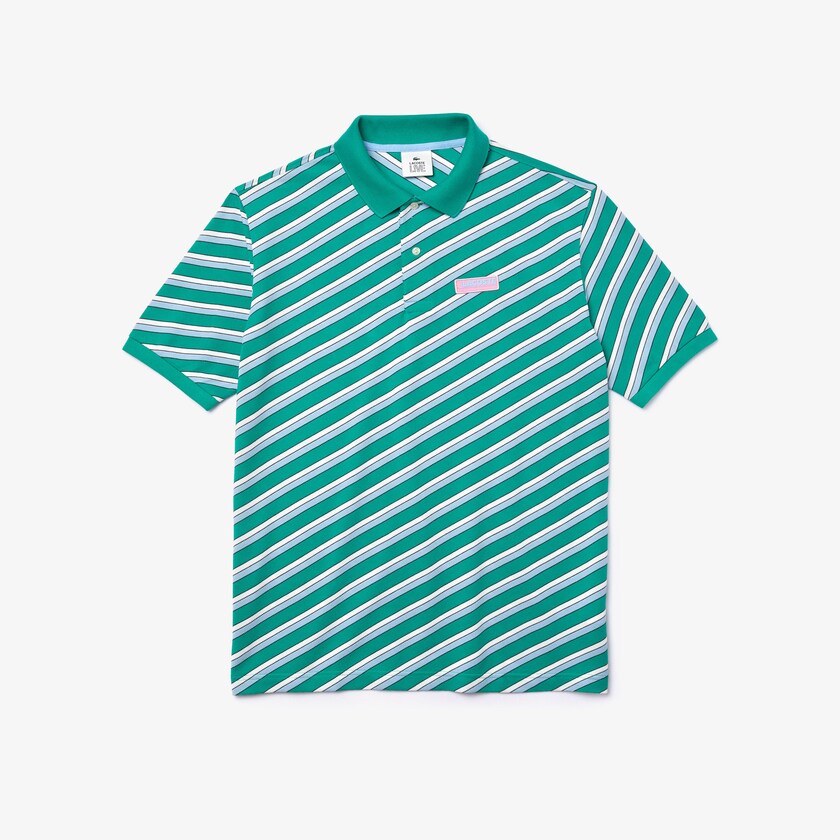Camisas Lacoste Masculino Verdes Branco LIVE Striped Cotton Piqué Polo VV1-01080X5