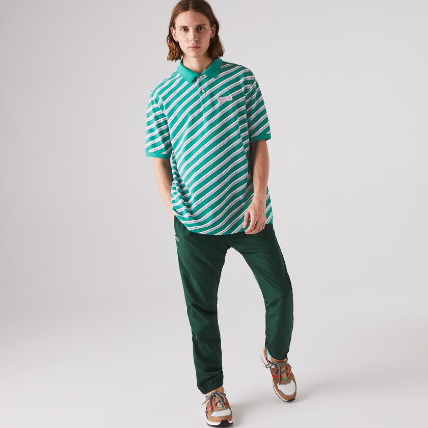 Camisas Lacoste Masculino Verdes Branco LIVE Striped Cotton Piqué Polo VV1-01080X5