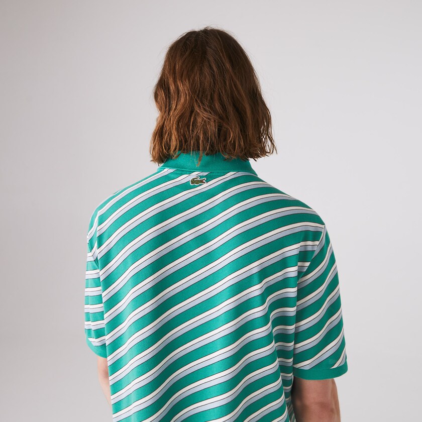 Camisas Lacoste Masculino Verdes Branco LIVE Striped Cotton Piqué Polo VV1-01080X5