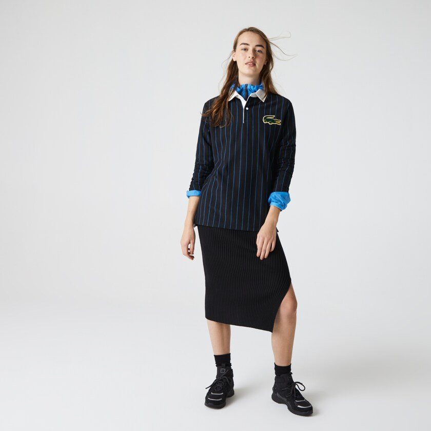 Camisas Lacoste Masculino Pretas Azuis LIVE Striped Cotton Polo ZA6-90839H2