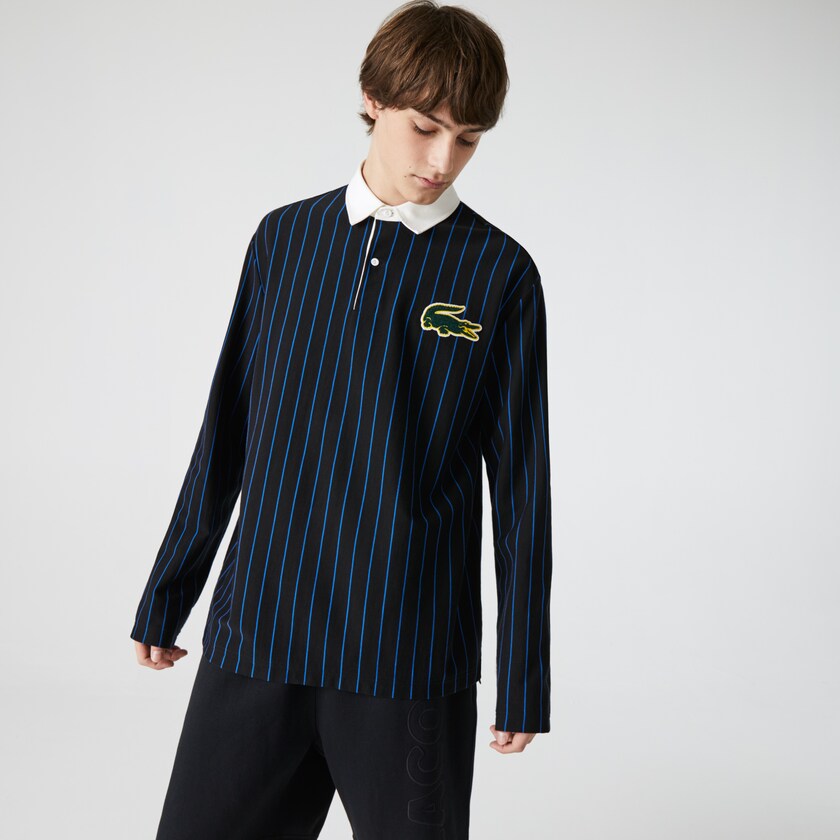 Camisas Lacoste Masculino Pretas Azuis LIVE Striped Cotton Polo ZA6-90839H2