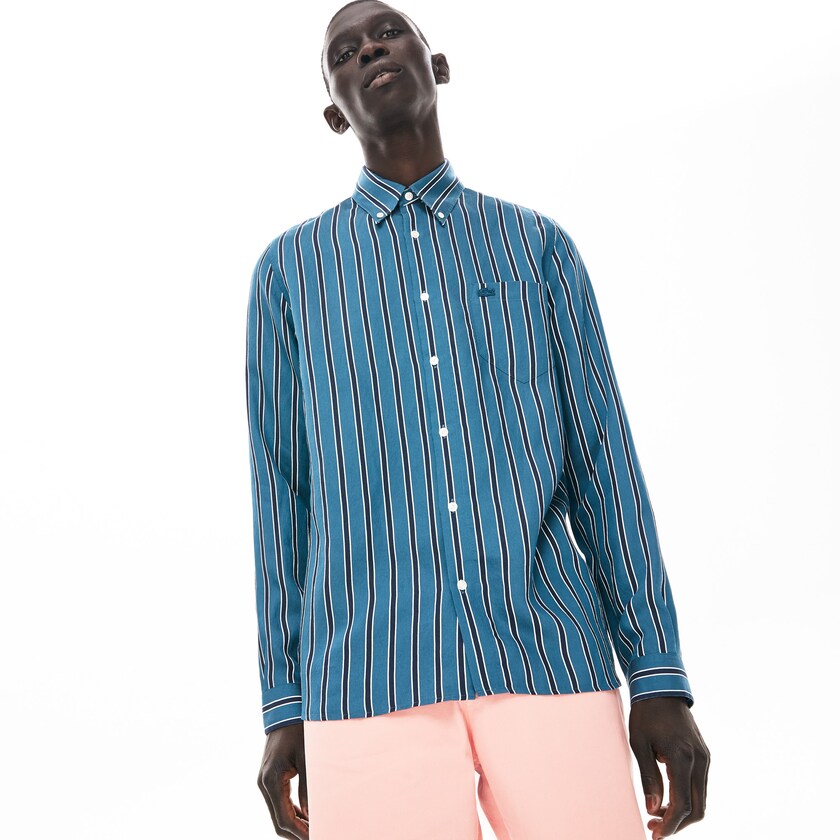 Camisas Lacoste Masculino Azul Marinho Azuis Branco Lightweight Striped ZA6-43474R1
