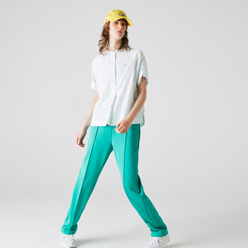Camisas Lacoste Feminino Branco Verdes Oversized Mao Collar Striped Cotton Poplin Blouse JU1-38603B6