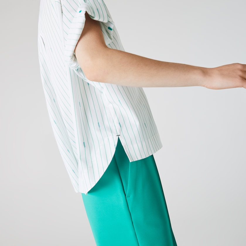 Camisas Lacoste Feminino Branco Verdes Oversized Mao Collar Striped Cotton Poplin Blouse JU1-38603B6