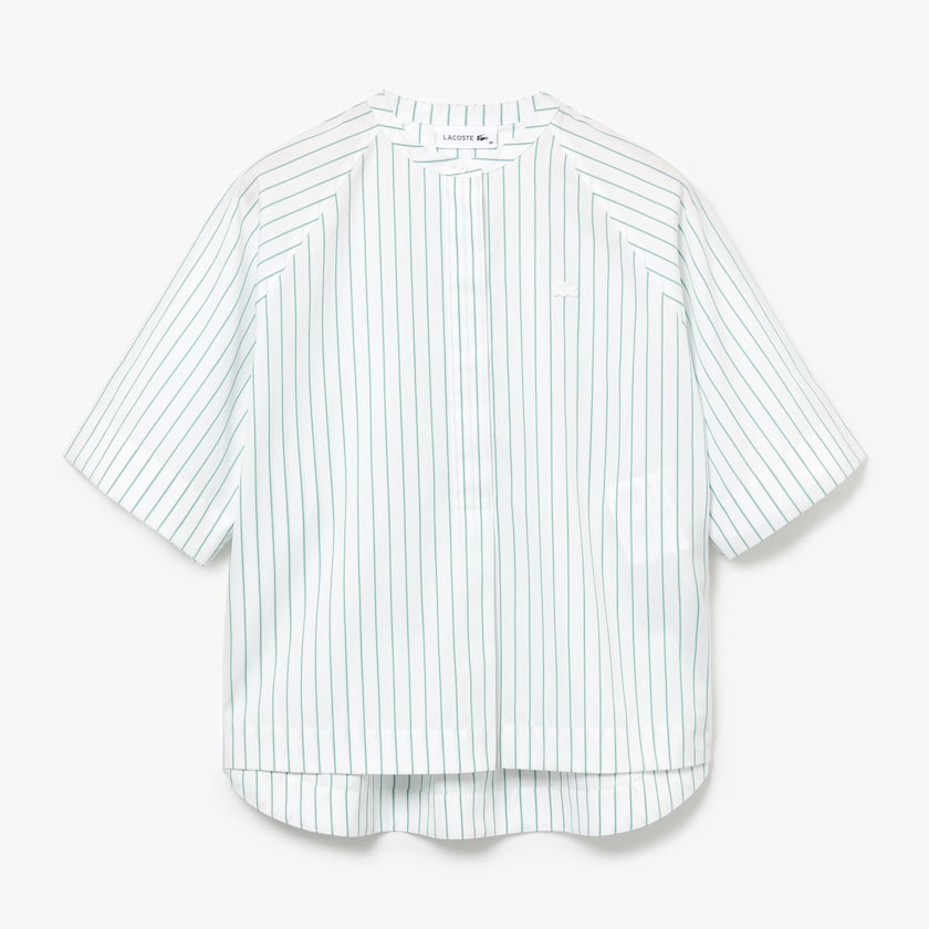 Camisas Lacoste Feminino Branco Verdes Oversized Mao Collar Striped Cotton Poplin Blouse JU1-38603B6