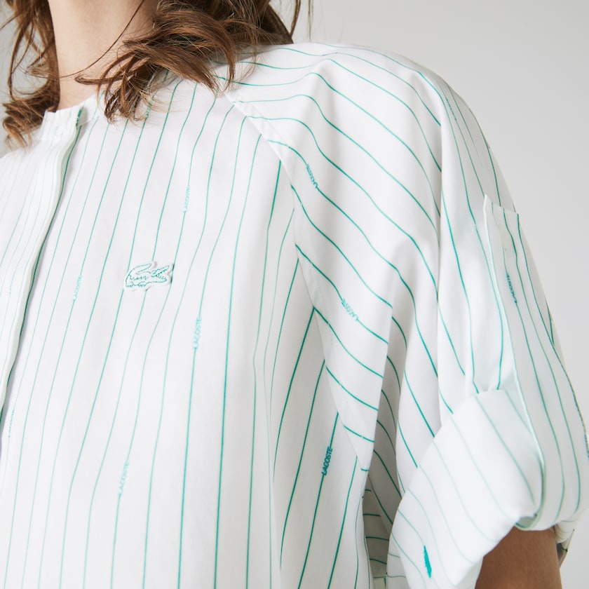 Camisas Lacoste Feminino Branco Verdes Oversized Mao Collar Striped Cotton Poplin Blouse JU1-38603B6