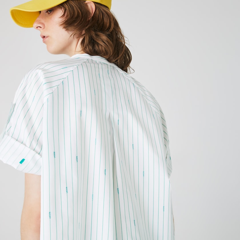 Camisas Lacoste Feminino Branco Verdes Oversized Mao Collar Striped Cotton Poplin Blouse JU1-38603B6
