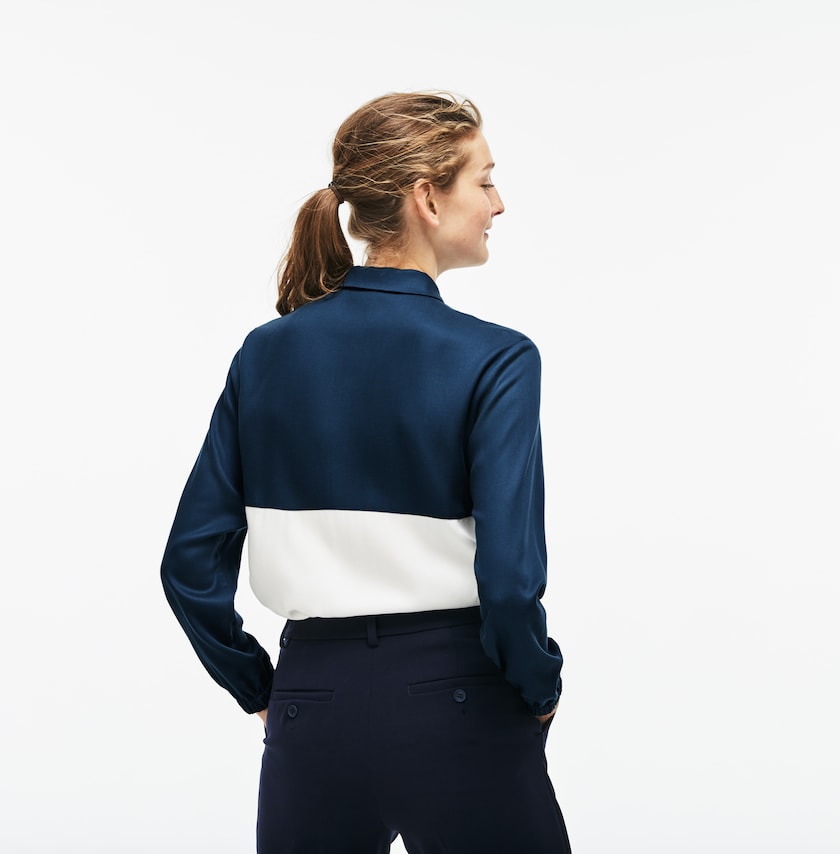 Camisas Lacoste Feminino Azuis Branco Regular Fit Bicolor Flowing Piqué TD2-95579T5