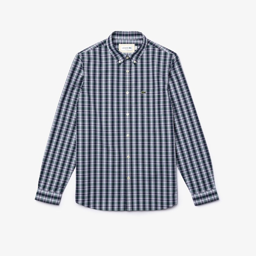 Camisas Lacoste Masculino Azul Marinho Azuis Branco Verdes Regular Fit Checked Cotton Poplin II3-04910X0