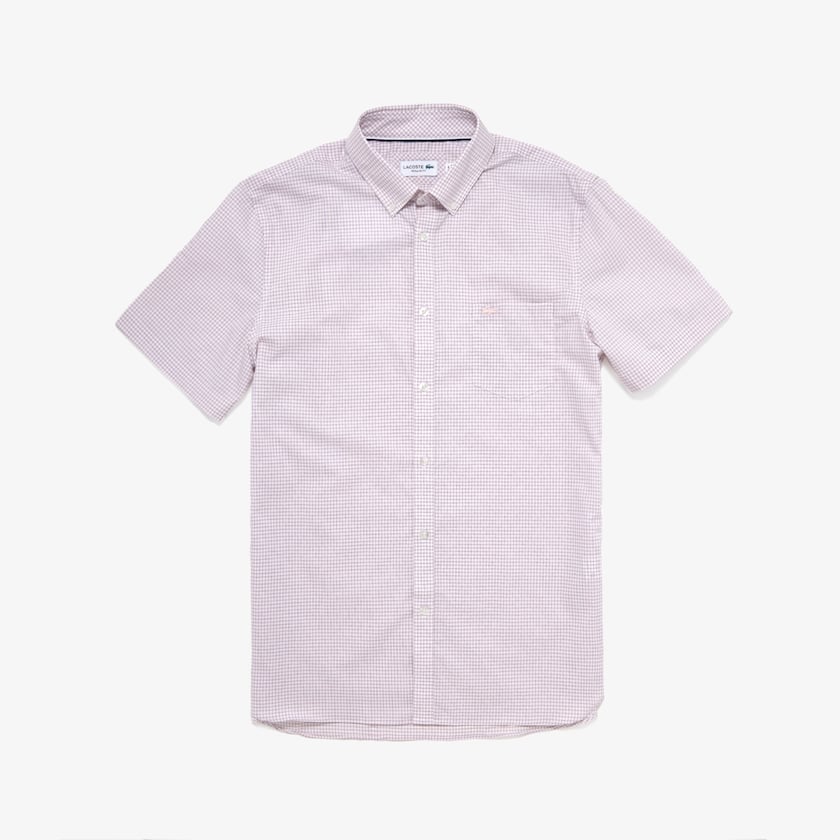 Camisas Lacoste Masculino Branco Luz Rosa Regular- Fit Checkered Cotton FB6-77507G3
