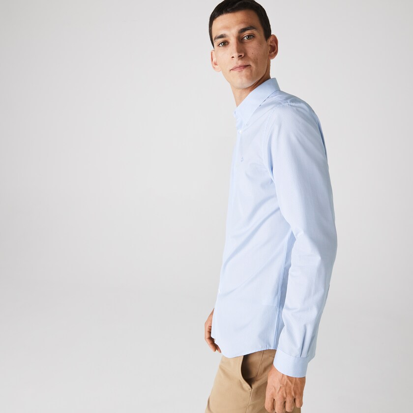 Camisas Lacoste Masculino Branco Azuis Regular Fit Checkered Premium Cotton Poplin QB9-00550O2