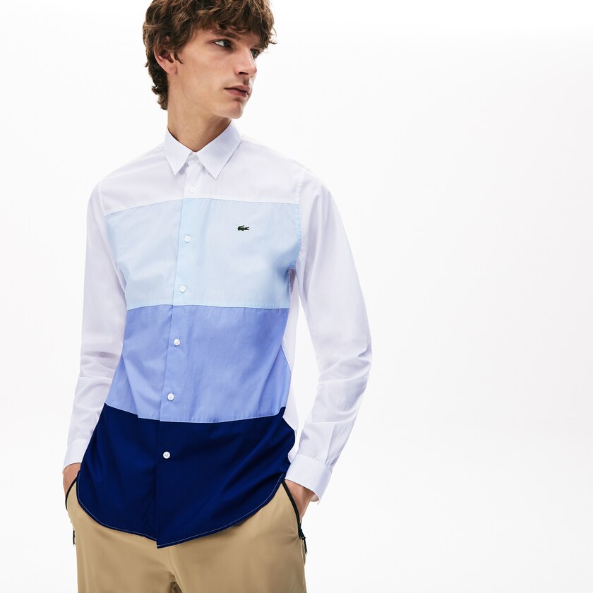 Camisas Lacoste Masculino Azul Marinho Azuis Roxo Luz Azuis Branco Regular Fit Colorblock Cotton QA0-70977G1