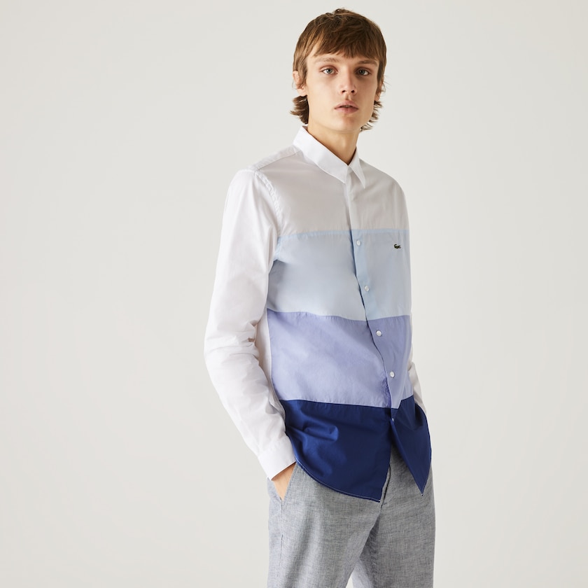 Camisas Lacoste Masculino Azul Marinho Azuis Roxo Luz Azuis Branco Regular Fit Colorblock Cotton QA0-70977G1