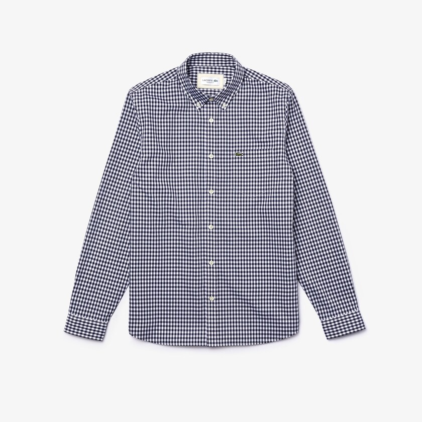 Camisas Lacoste Masculino Branco Azul Marinho Azuis Regular Fit Gingham Cotton Poplin BL2-21692M1