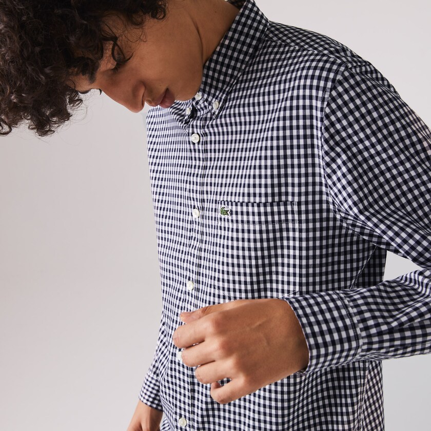 Camisas Lacoste Masculino Branco Azul Marinho Azuis Regular Fit Gingham Cotton Poplin BL2-21692M1