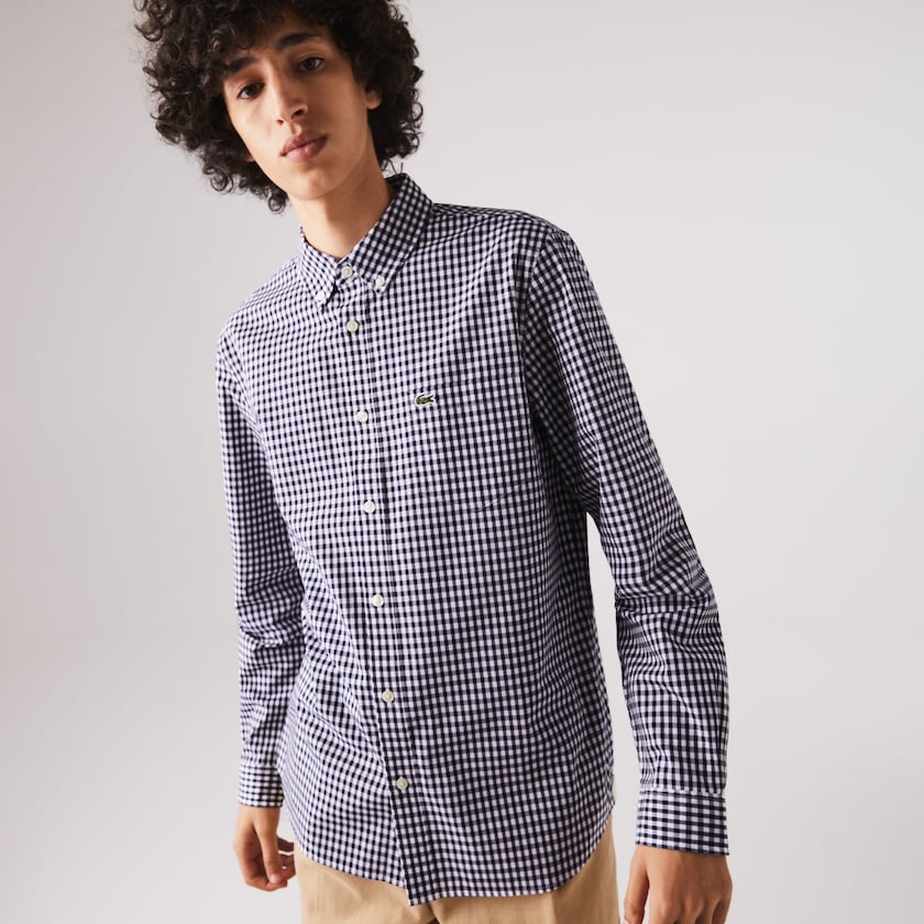 Camisas Lacoste Masculino Branco Azul Marinho Azuis Regular Fit Gingham Cotton Poplin BL2-21692M1
