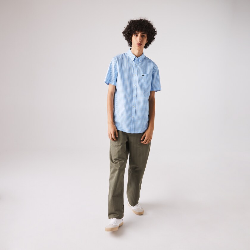 Camisas Lacoste Masculino Branco Azuis Regular Fit Gingham Poplin XC2-00920F3