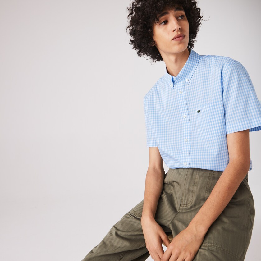 Camisas Lacoste Masculino Branco Azuis Regular Fit Gingham Poplin XC2-00920F3