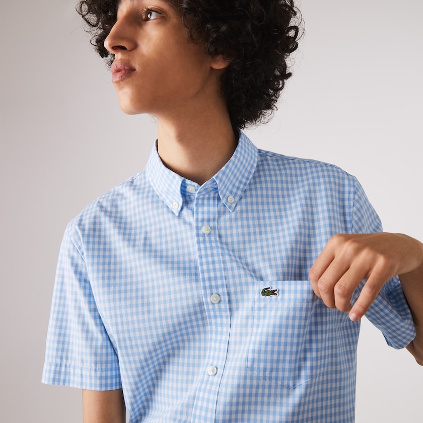 Camisas Lacoste Masculino Branco Azuis Regular Fit Gingham Poplin XC2-00920F3