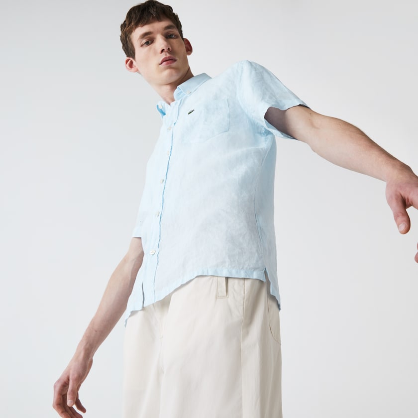 Camisas Lacoste Masculino Luz Azuis Regular Fit Linen FJ5-19061S0