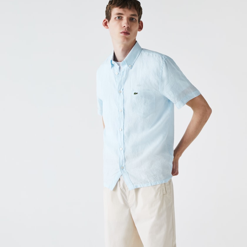 Camisas Lacoste Masculino Luz Azuis Regular Fit Linen FJ5-19061S0