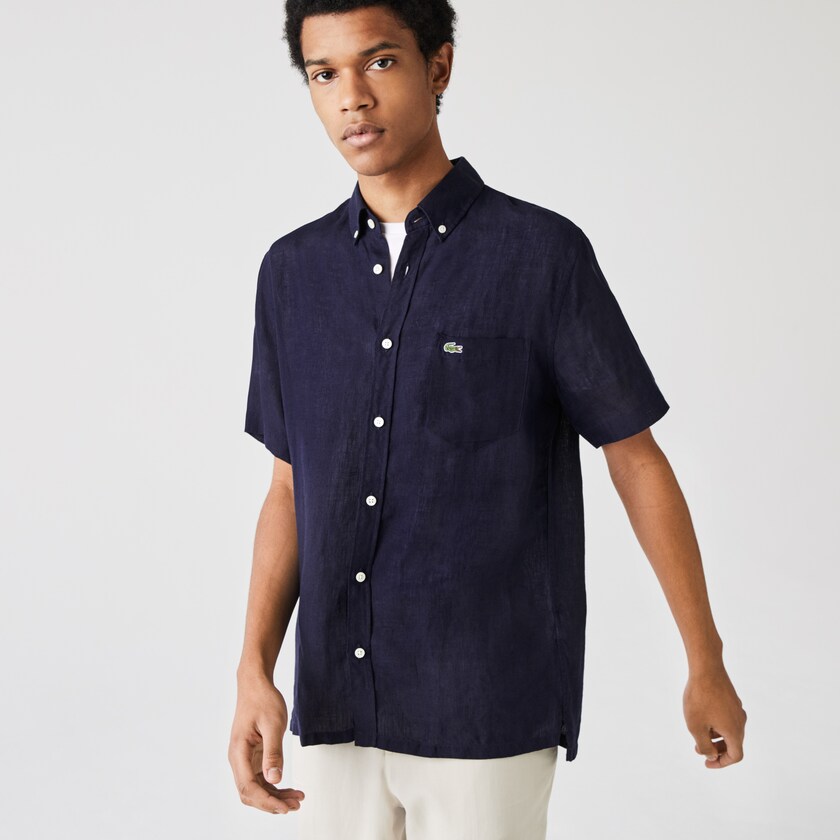 Camisas Lacoste Masculino Azul Marinho Azuis Regular Fit Linen SN0-65606E0