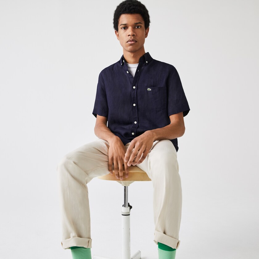 Camisas Lacoste Masculino Azul Marinho Azuis Regular Fit Linen SN0-65606E0