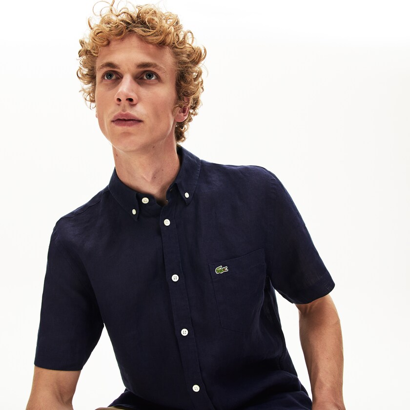 Camisas Lacoste Masculino Azul Marinho Azuis Regular Fit Linen SN0-65606E0