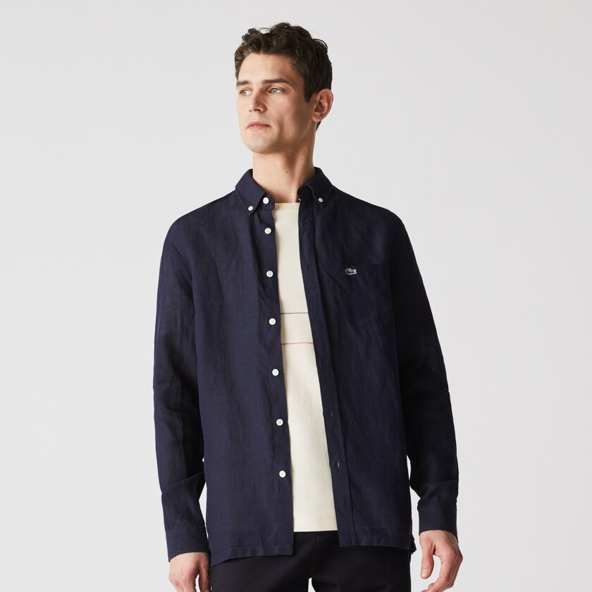 Camisas Lacoste Masculino Azul Marinho Azuis Regular Fit Linen WG0-93889M8