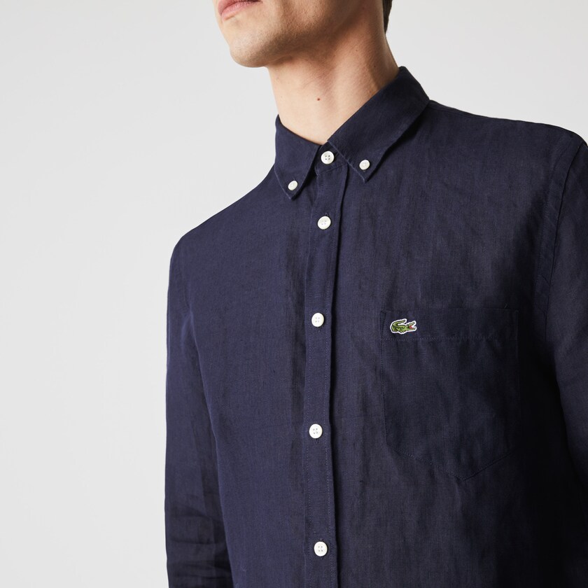 Camisas Lacoste Masculino Azul Marinho Azuis Regular Fit Linen WG0-93889M8