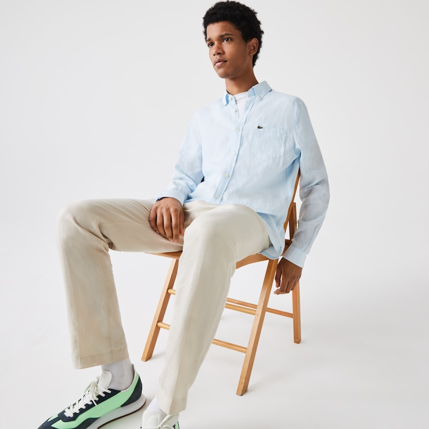 Camisas Lacoste Masculino Luz Azuis Regular Fit Linen OT4-34923M1