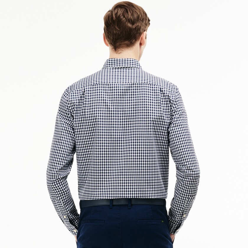 Camisas Lacoste Masculino Azul Marinho Azuis Branco Regular Fit Mini Check Poplin WE2-97339J6