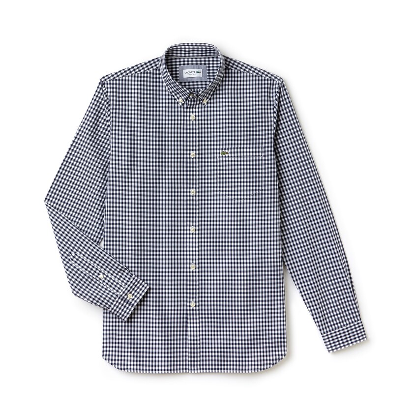 Camisas Lacoste Masculino Azul Marinho Azuis Branco Regular Fit Mini Check Poplin WE2-97339J6