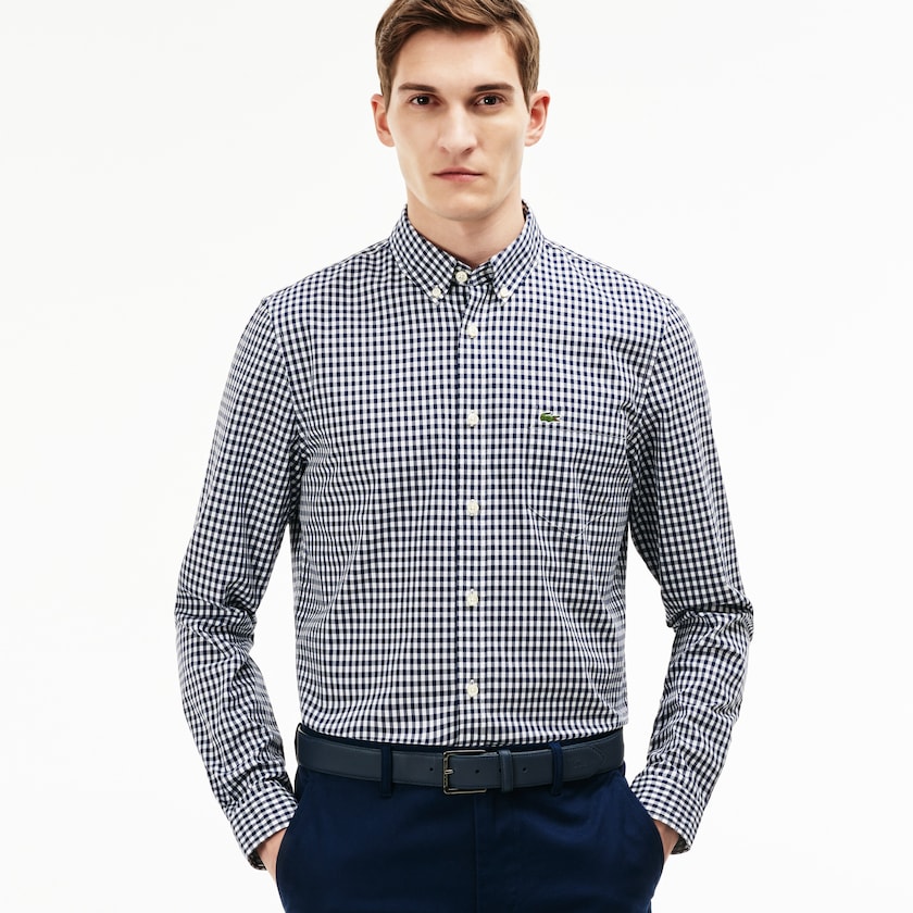Camisas Lacoste Masculino Azul Marinho Azuis Branco Regular Fit Mini Check Poplin WE2-97339J6