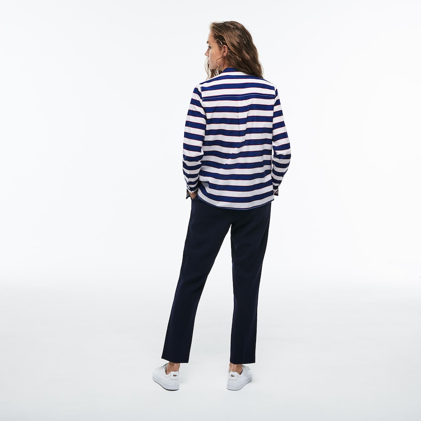 Camisas Lacoste Feminino Branco Azul Marinho Azuis Vermelhas Regular Fit Striped Cotton & Silk Voile MS5-64136L2