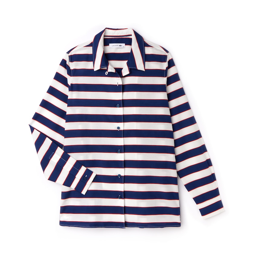Camisas Lacoste Feminino Branco Azul Marinho Azuis Vermelhas Regular Fit Striped Cotton & Silk Voile MS5-64136L2