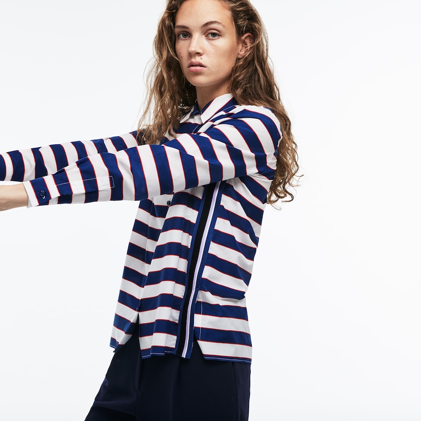 Camisas Lacoste Feminino Branco Azul Marinho Azuis Vermelhas Regular Fit Striped Cotton & Silk Voile MS5-64136L2