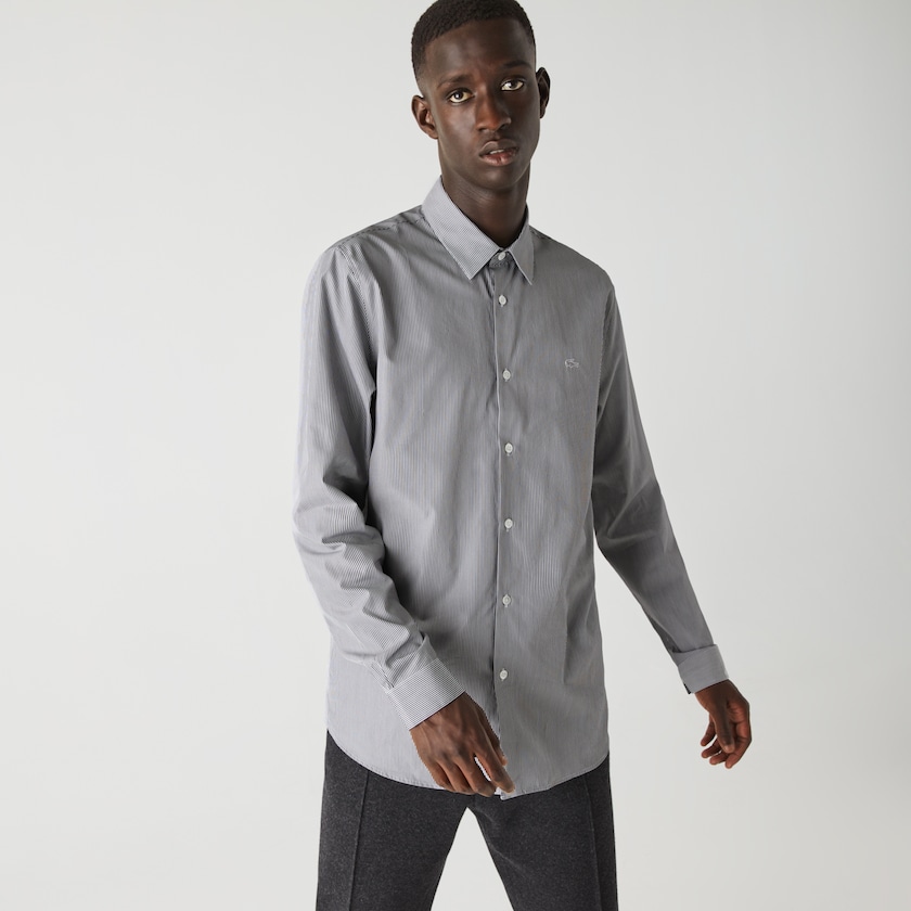 Camisas Lacoste Masculino Branco Pretas Regular Fit Striped Cotton Poplin SQ3-32013Y9