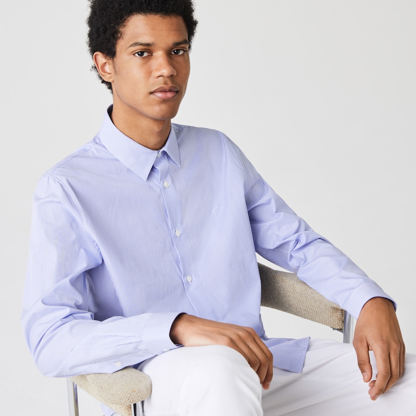 Camisas Lacoste Masculino Branco Azuis Regular Fit Striped Cotton Poplin HU0-69016L9