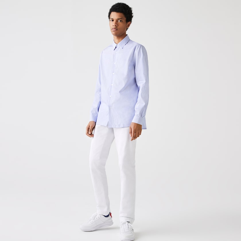 Camisas Lacoste Masculino Branco Azuis Regular Fit Striped Cotton Poplin HU0-69016L9