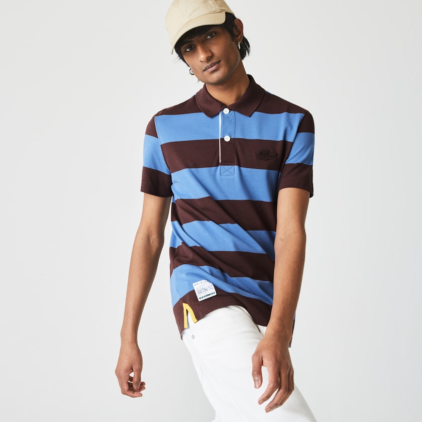 Camisas Lacoste Masculino Marrom Azuis Regular Fit Striped Cotton Piqué Polo HW0-24482C4