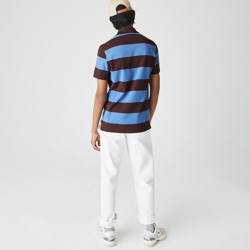 Camisas Lacoste Masculino Marrom Azuis Regular Fit Striped Cotton Piqué Polo HW0-24482C4