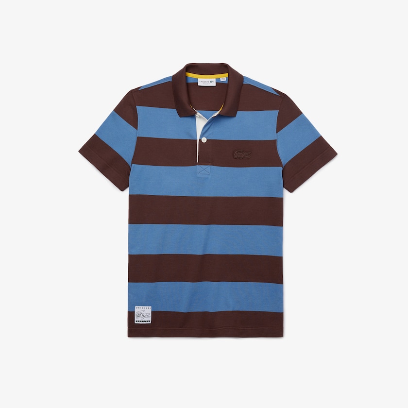 Camisas Lacoste Masculino Marrom Azuis Regular Fit Striped Cotton Piqué Polo HW0-24482C4
