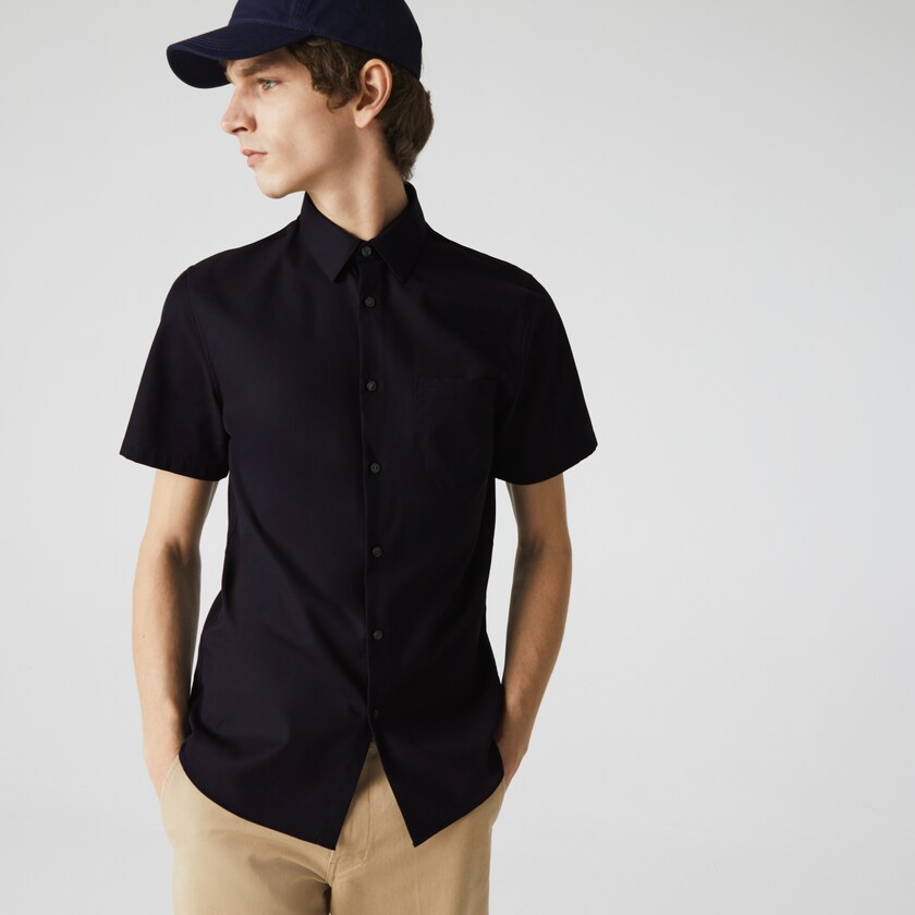 Camisas Lacoste Masculino Azul Marinho Azuis Regular Fit Textured Cotton Poplin PK2-91279R3
