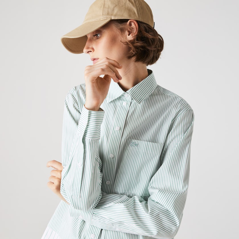 Camisas Lacoste Feminino Branco Verdes Regular Fit Trompe-L'œil Cotton Poplin PP5-93339F0