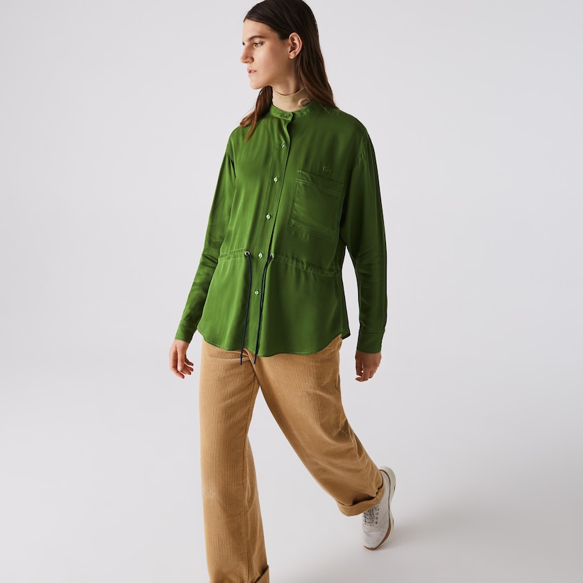 Camisas Lacoste Feminino Verdes Relaxed Fit Adjustable Waist Flowy Mao Collar WS1-79227E2