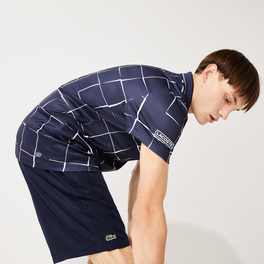 Camisas Lacoste Masculino Azul Marinho Azuis Branco SPORT Breathable Print Piqué Tennis Polo DI2-58065I4